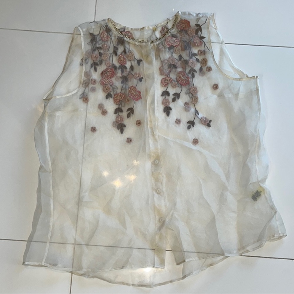 Embroidered Sheer Sleeveless Top - Cream